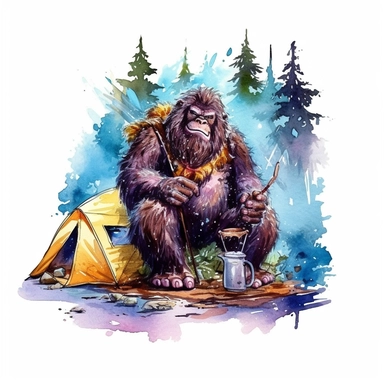 watercolor illustration of Bigfoot camping outdoors, colorful, for t-shirt, clip art, graphic