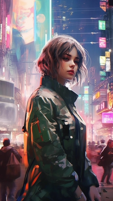 beautiful stunning pretty vintage cyberpunk anime girl, paint art style, clipart, city landscape background, superrealistic, one of a kind
