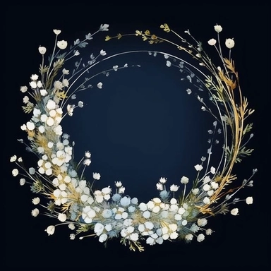 framed by thin border, wide view, central composition, fit in shot, full length, uncropped ,watercolor baby's breath wreathes, clipart, vector, dark background