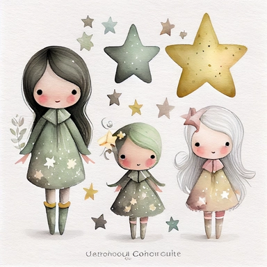 A watercolor painting of star collection, christmas, cute detailed digital art, inspired by nicoletta ceccoli, by Kubisi art, whimsical and cute, by nicoletta ceccoli, cute detailed artwork, glimmering, adorable and whimsical, whimsical art, Clipart style, png style, svg style, blank white background, a solid white background