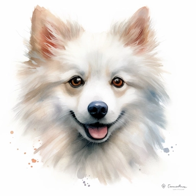 cute American Eskimo dog portrait, full face, centered shot, side shot, dynamically posed, in action, playful mood, happy mood, playing mood, cute face, adorable smile, childlike eyes, clean watercolor illustration, white background, nursery baby imagery, painting, detailed, 8k, PNG, clipart,