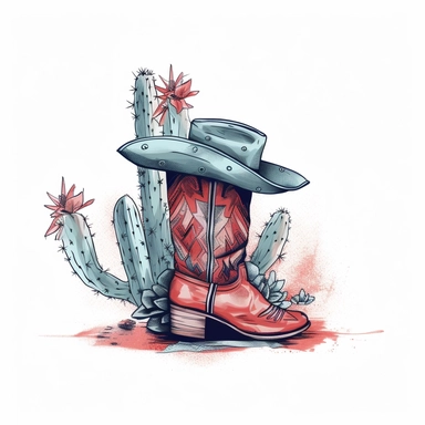 western, faded red and blue, hat over the boot,retro, cowgirl boots and cactus, boho vibe, feminine design, drawing, vintage , Develop an enchanting clipart illustration on a white isolated background vector, featuring an intricately cowgirl boot leaning against a magnificent cactus plant, luminous and atmospheric paintings, to create a composition that exudes tranquility and captures the beauty of the hat's connection with the desert environment, highlighting the intricate floral patterns again