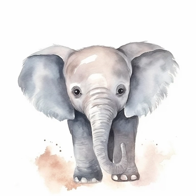 A delightful and charming watercolor clipart of an adorable baby elephant, designed for commercial use. This heartwarming composition captures the innocent charm of the African Safari Zoo animal, set against a crisp white background that accentuates its delicate watercolor textures and playful features. The baby elephant, with its gentle eyes and playful trunk, is skillfully painted in a soothing palette of grays and pastels, encapsulating the essence of nursery-themed art. The clipart emphasize