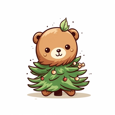 Clipart of a cute brown bear with a chrismas tree kawaii style full multicolor white background