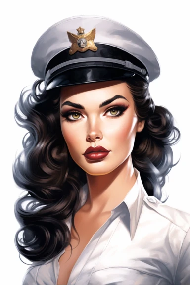 beautiful pretty pin up woman, makeup and hair vintage 50's style, dressed as pilot, paint art style, detail, clipart, white background, superrealistic, one of a kind