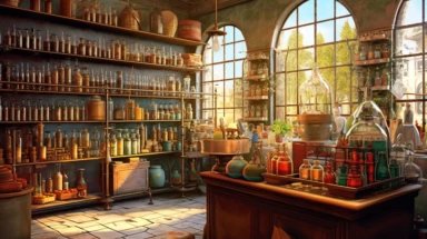 illustration, realistic interior of a vintage bengalore 1896 perfumery and pharmacy with some perfume bottle boxes incense boxes, atmospheric sunset lighting, Clipart, watercolor, realistic, full building, highly detailed, hdr, 32K, photo expert quality, watercolor realistic, hyperrealistic and highly detailed