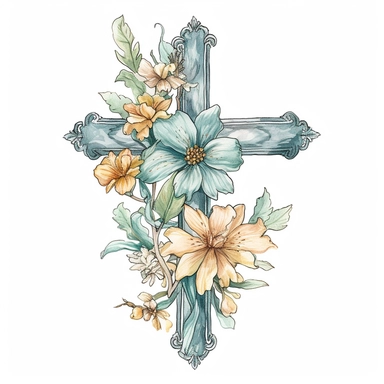 Watercolor sketch of floral cross, natural single design, highlydetailed, clipart style, white background, 8k