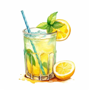 watercolor sweet lemon juice in glass with straw clipart, white background