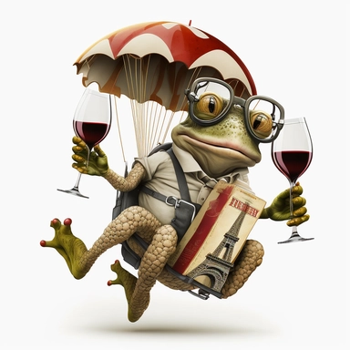 studious toad with glasses and red wine in his hand while parachuting from the Eifel tower, vintage, funny, white background, clipart, no shadows, caricature