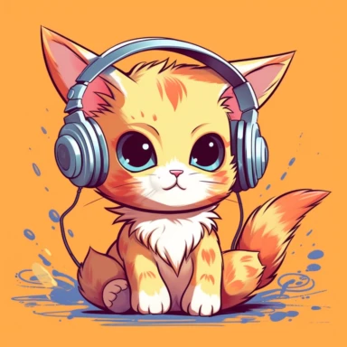 cute kitten listening to music in the style of skottie young, clipart
