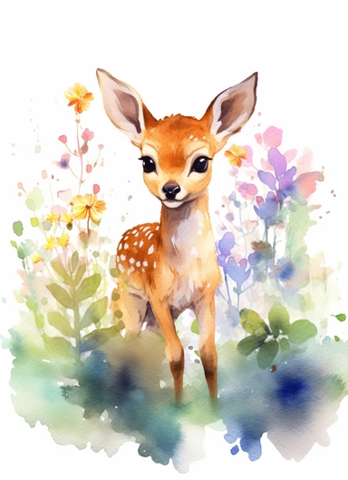 baby deer on a flower field, in the style of 2d game art, nostalgic paintings, 32k uhd, colorful dreamy watercolor scenes, adventure pulp, classical, historical genre scenes, rough-edged 2d animation, watercolor clipart, white background