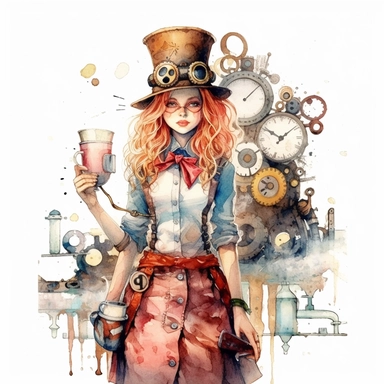 An alice in wonderland character , watercolor steampunk style, white background, clipart
