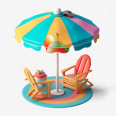 beach club umbrella table and chair, inflatable pool png, clipart download png, in the style of rendered in cinema4d, emphasis on character design, photo-realistic compositions, isolated landscapes, translucent planes, found-object-centric, colourful