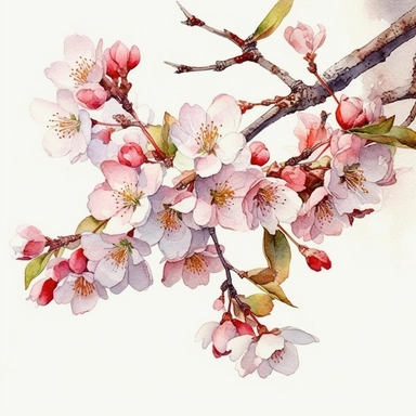 watercolour painting cherry blossom flowers close up clip art prunus cherry tree detailed flowers detailed bark and branches clipart on white background