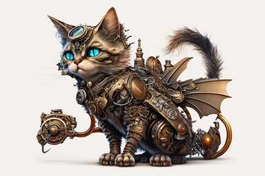 clipart, A beautiful cat with a steampunk-style mechanical bat on its back, hd, on white background,