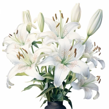 A highly detailed watercolor and pencil drawing of a clipart of white Lily gracefully showcased in a vase on a isolated white background,, The flower is meticulously rendered, capturing the intricate details of its petals, stamen, and sepals. The combination of watercolor and pencil techniques adds depth and dimension to the drawing, with the watercolor providing soft washes of color and the pencil adding fine lines and delicate shading. The drawing highlights the flower's elegant structure,emph