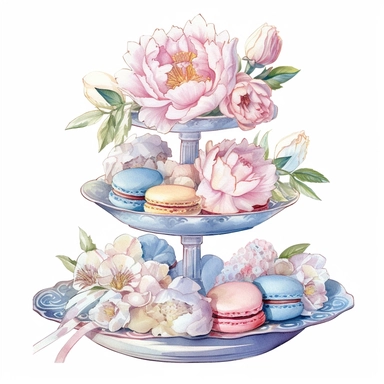 Clipart, Watercolor, White Peony Shabby Chic Tier Candy Tray with cupcakes, Macarrons and sandwiches, light colors, hand-draw, texture