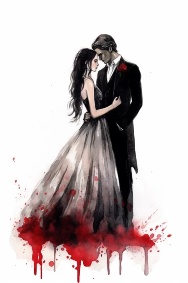 Lovecore. Clipart. A captivating gothic wedding illustration in a watercolor style with a touch of flat design. The artwork features a bride and groom in a whimsical and stylized representation. The composition is set against a clean white background, allowing the bold colors and clear contours to stand out. Emphasize the gothic theme with a color palette consisting of dark shades of black, deep purple, and other complementary neutral tones. The illustrations should have a minimalist aesthetic w