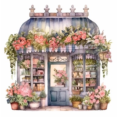 Big fantasy Watercolor floral Flower Shop store Clipart, make it detailed and creative, white background
