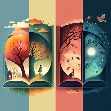 the four seasons, winter summer autumn spring, bright colors, fun, happy atmosphere, book art, book illustration, clipart,