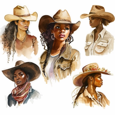 6 beautiful, black woman, cowgirl, clipart, watercolor, isolated on white background, spaced out--er--s 1000