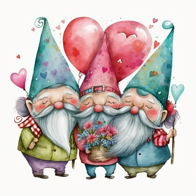 Watercolor happy gnomes valentine threme, Clipart, Colorful, Retro, highly detailed on white background