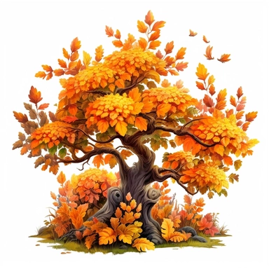 Clipart, cartoon autumn bush in safary, in the style of imax, playful and lighthearted compositions, childlike innocence and charm, light orange and brown leaves in the crown of the tree, uhd image, realistic and hyper - detailed renderings, movie still, utilizes, white background