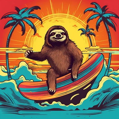 A sunglasses-clad sloth with a Cuban cigar surfing on a Hawaiian wave, eye-catching clipart, sunset colors and silhouettes of surfers in the background, highlighting the sloth's relaxed nature, Clipart, vector illustration using Affinity Designer