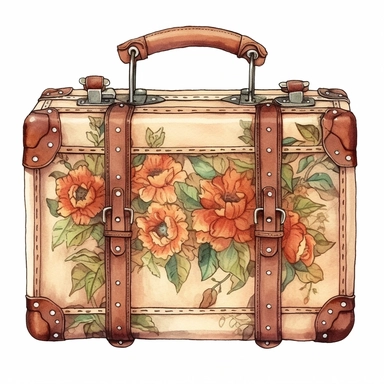 Leather brown retro bag , floral, james christensen style,illustration Watercolor hand painted vintage suitcase design. Travel concept clipart,white background with margins , white background for removing background - - no text shadow font watermark
