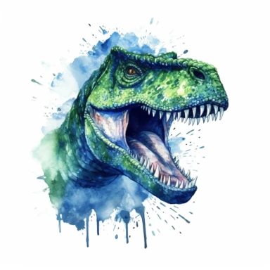 realistic green t-rex with blue watercolor clipart, minimalist, bright colors, isolated white background, 8k