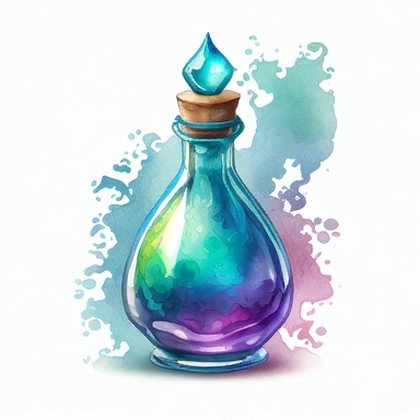 Watercolor potion bottle: Paint a tall, skinny, thick glass, half empty potion bottle with cerulean liquid. Use watercolors to create a soft, dreamy effect. Clipart. Sticker. White background.