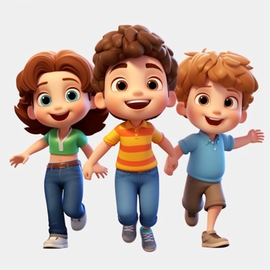 white background only, clipart cartoon of 2 little toddler boys and a girl standing separated with joyous smiles, pixar animation style