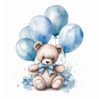 watercolor vintage baby teddy bear blue bow around his neck holding a bunch of neutral blue balloons clipart, photorealistic, detailed watercolor style, on white background