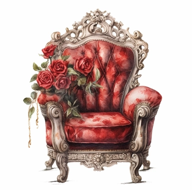 A heavily distressed Victorian armchair with intricate carvings, upholstered in faded velvet. The faded upholstery is complemented by an abundance of vibrant red roses that cascade down the backrest and armrests, creating a captivating contrast against the weathered appearance. White background, clipart, watercolor, intricate detail.