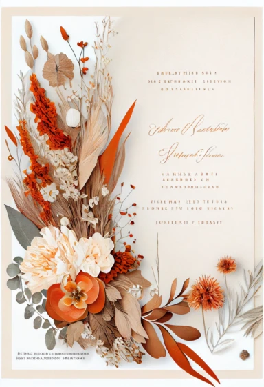 beautiful, intricate, sharp focus, light orange, tan, and brown fall colors, boho wedding invitation with white fluffy tail flowers,white wintergreen berries, dried grasses, dried leaves, dried flowers, show entire invitation, no border, clipart, on white background, flat lay, extreme detail, wedding invitation,