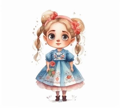 cute adorable little Polish princess character watercolor clipart, full body, disney, pixar