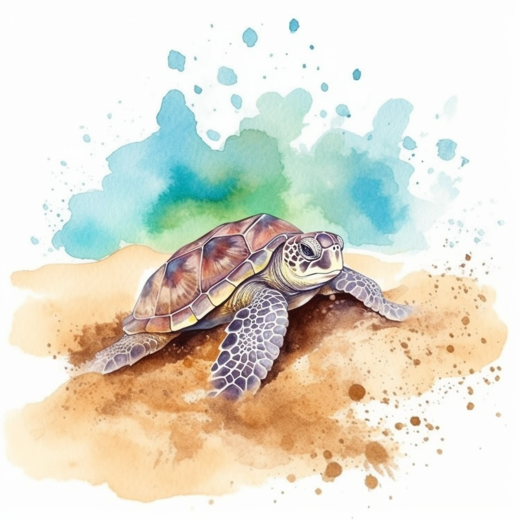 Watercolor clipart . Sea Turtle Nesting: Illustrate a sea turtle laying ...