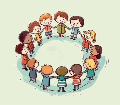 children standing in a circle holding hands, teacher in the middle, simple, outline, clip art, vector