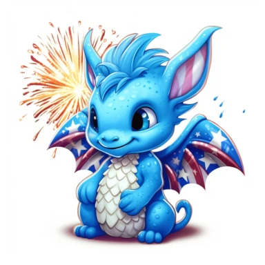 illustration of cute baby dragon in read white and blue american flag colors, fireworks, 4th of july, clipart svg, white background
