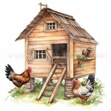 Highly detailed and realistic chicken coop Watercolor Clipart, transparent background, watercolor and black ink, on white background, NO TEXT,NO WATERMARKS