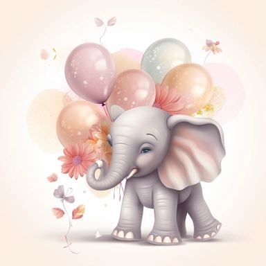 a detailed very colorful vector Clipart image sticker of a beautiful majestic magical floral smilling baby elephant and pastel pink balloons colors holding balloons with a white background, pastel light colors, fall colours, gold ropes, photorealistic, cinematic, Cinematic, Color Grading, Editorial Photography, Photography, Photoshoot, Shot on 70mm, Ultra-Wide Angle, Depth of Field, DOF, Tilt Blur, Shutter Speed 1/1000, F/22, Gamma, White Balance, Neon, Light, Dark, Light Mode, Dark Mode, High C