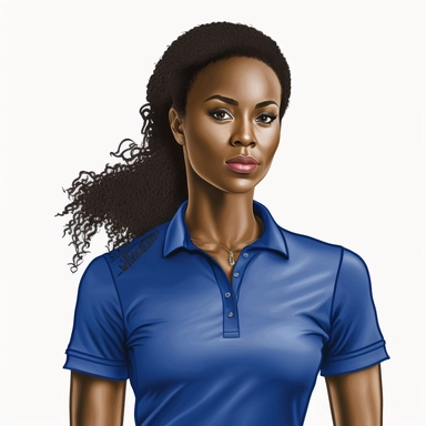 photo-realistic, partial profile, waist-level view of beautiful, but angry, physically fit African American woman, age 25, wearing a very stunning royal blue polo shirt, waist view, 3 distinct and separated images on white background for vector clipart
