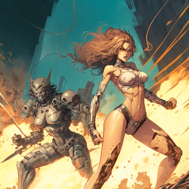 (((best quality))), (((ultra detailed))), (((masterpiece))), illustration, two women, bikinis, transparent, muscular, toned, futuristic, battle armor, powerful weapons, attack, defend, dynamic, agile, ruins, city, crumbling buildings, debris, sparks, clashing, incredible detail, advanced tools, techniques, focus, fighting abilities, futuristic atmosphere, intensity, excitement, Hayao Miyazaki, Osamu Tezuka, Gosho Aoyama, CLIP STUDIO PAINT