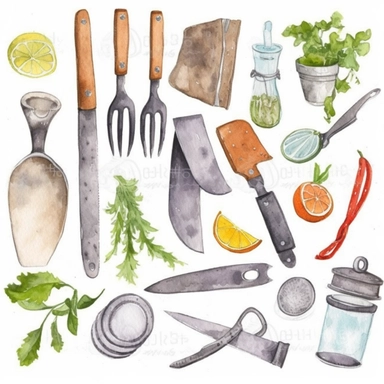 basic watercolor kitchen tools in minimal hand drawn style, Etsy, textured, clipart, white background
