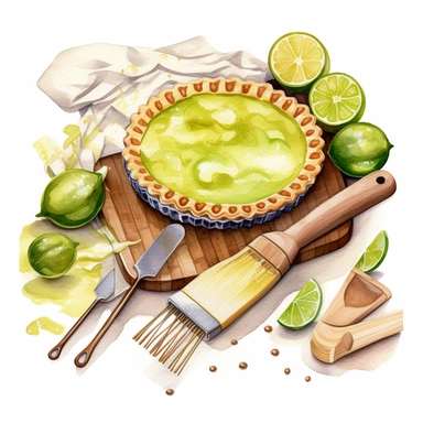 create a beautiful high quality high detail highly saturated watercolor clipart disney style illustration of a lattice style key lime pie being prepared, include rolling pin and baking tools, no text, no font, white background