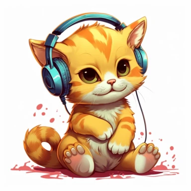 cute kitten listening to music in the style of skottie young, clipart