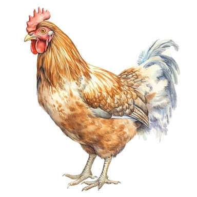 clipart, Watercolour, hand drawn, highly realistic, muted tones, beautiful, small farm hen, female, whole hen standing up, side facing white background, just hen nothing else
