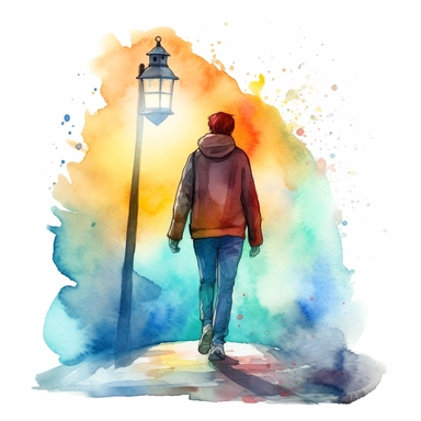 a person walking with a guiding light, watercolor, clipart