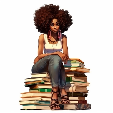 Clipart illustration of afro cosmepolitian woman sitting on top of books, realistic in the style of nene thomas