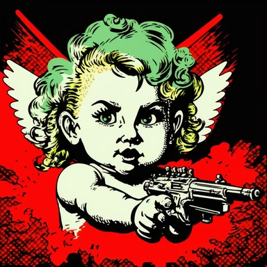 pop art baby sweat angel with machine gun K 112 drawing clipart animation realistic comic modern art